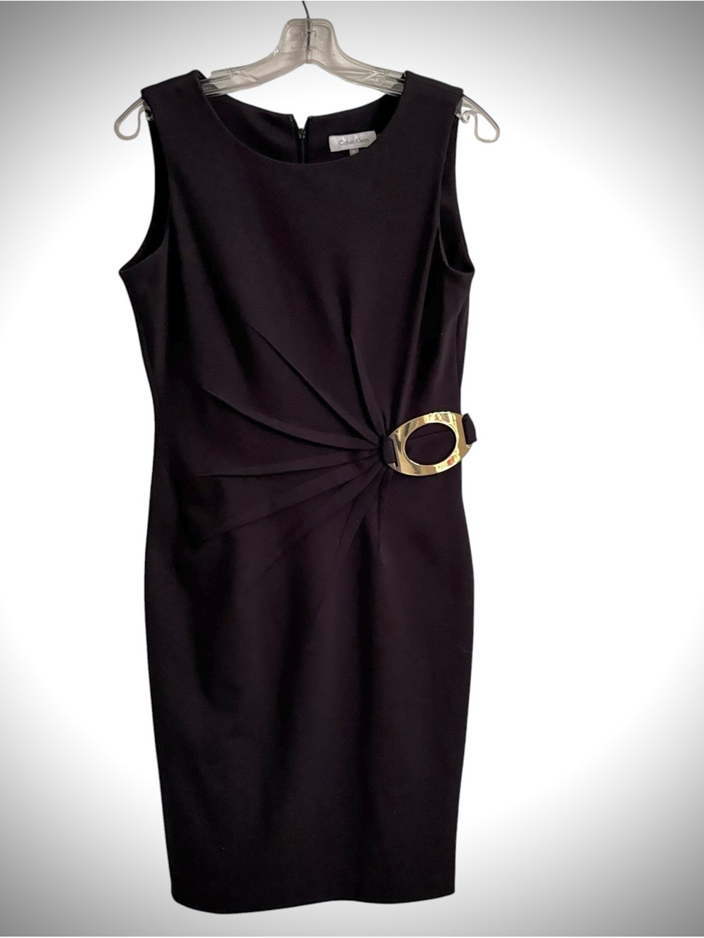 Calvin Klein Black Sheath Dress 6 Gold Buckle Mob Wife Old Money Classy Cocktail